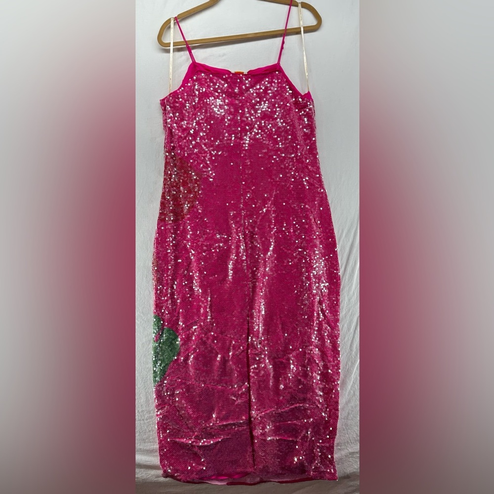 New Farm Rio Pink Sequins Anthurium Flowers Slip Maxi Dress Size L - Picture 2 of 15